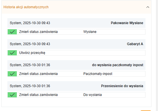 Widok historii automatyzacji w Easyitem OMS pokazujący wszystkie wykonane reguły, ich statusy i szczegóły. Ekran umożliwia przeglądanie pełnej historii wykonania automatyzacji.