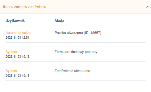 Widok historii automatyzacji dla konkretnego zamówienia w Easyitem OMS pokazujący wszystkie reguły wykonane dla tego zamówienia. Ekran umożliwia śledzenie automatyzacji na poziomie pojedynczego zamówienia.
