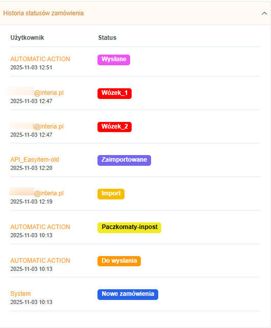 Widok historii statusów automatyzacji w Easyitem OMS pokazujący wykonane reguły, statusy wykonania i szczegóły akcji. Ekran umożliwia śledzenie wykonania automatyzacji na poziomie statusów.