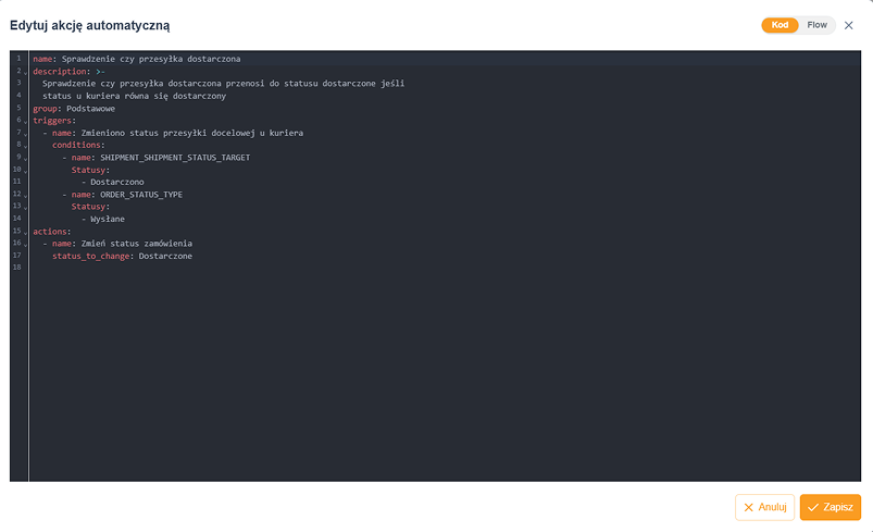 Widok edytora YAML w Easyitem OMS do zaawansowanego tworzenia reguł automatyzacji w formacie YAML. Ekran umożliwia tworzenie złożonych reguł dla zaawansowanych użytkowników.